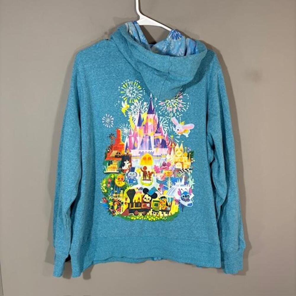 Disney Hoodie Womens 1X Blue Full Zip Mickey Stitch Dumbo Tinker Bell Graphic